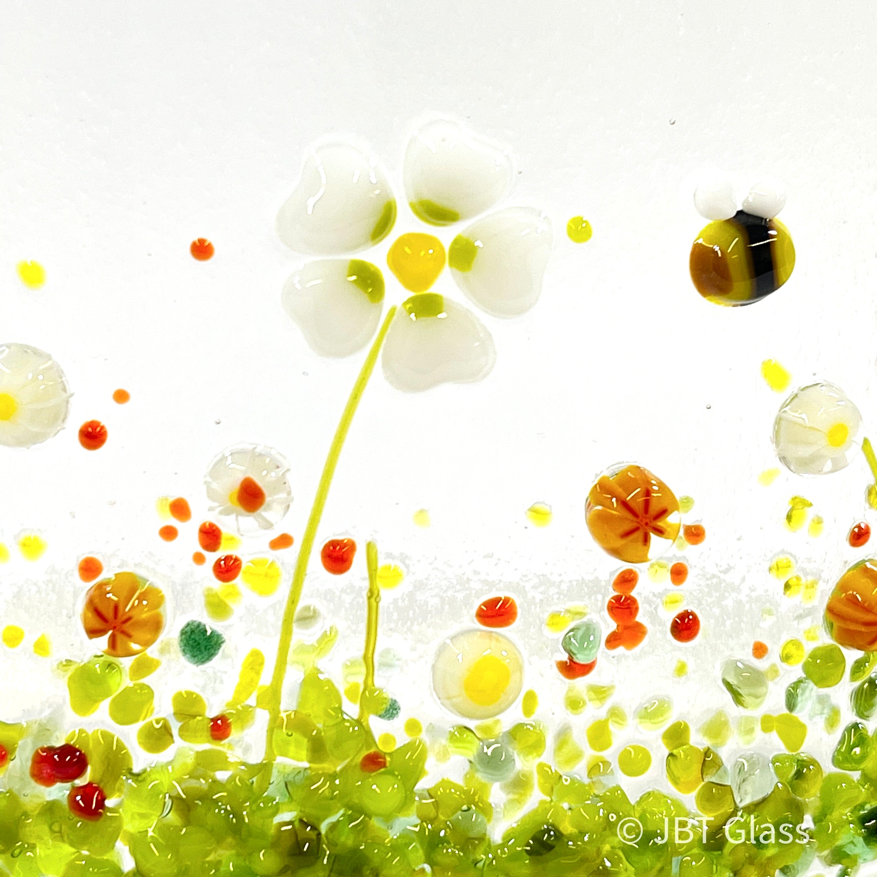 Small Narrow Glass Screen - White Daisy with Orange Flowers