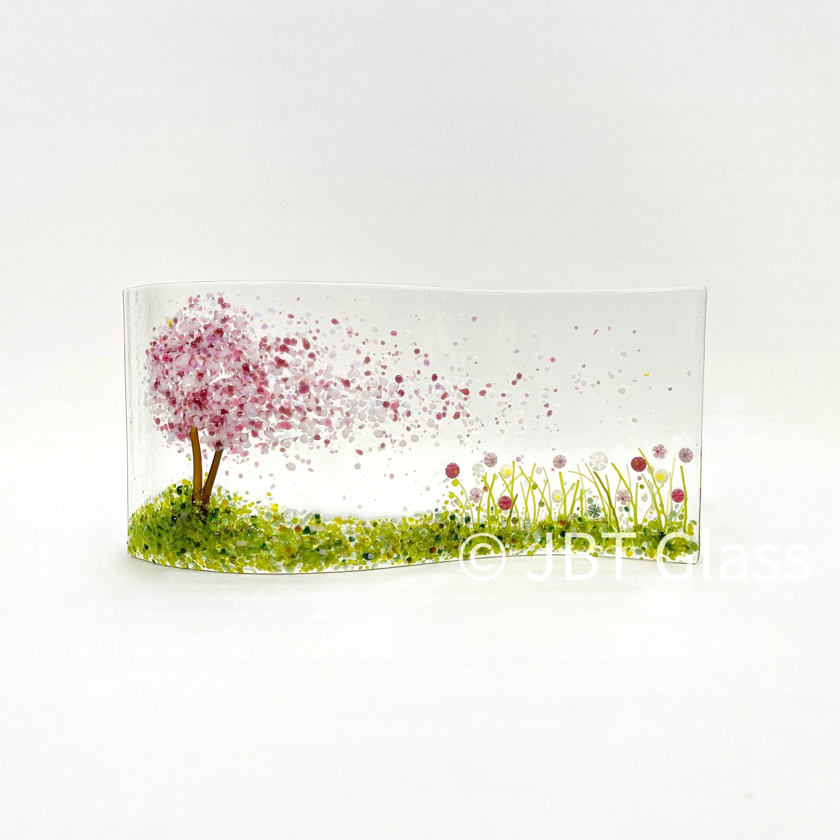 Glass Screen - Fused Glass Wave-Cherry Blossom Meadow