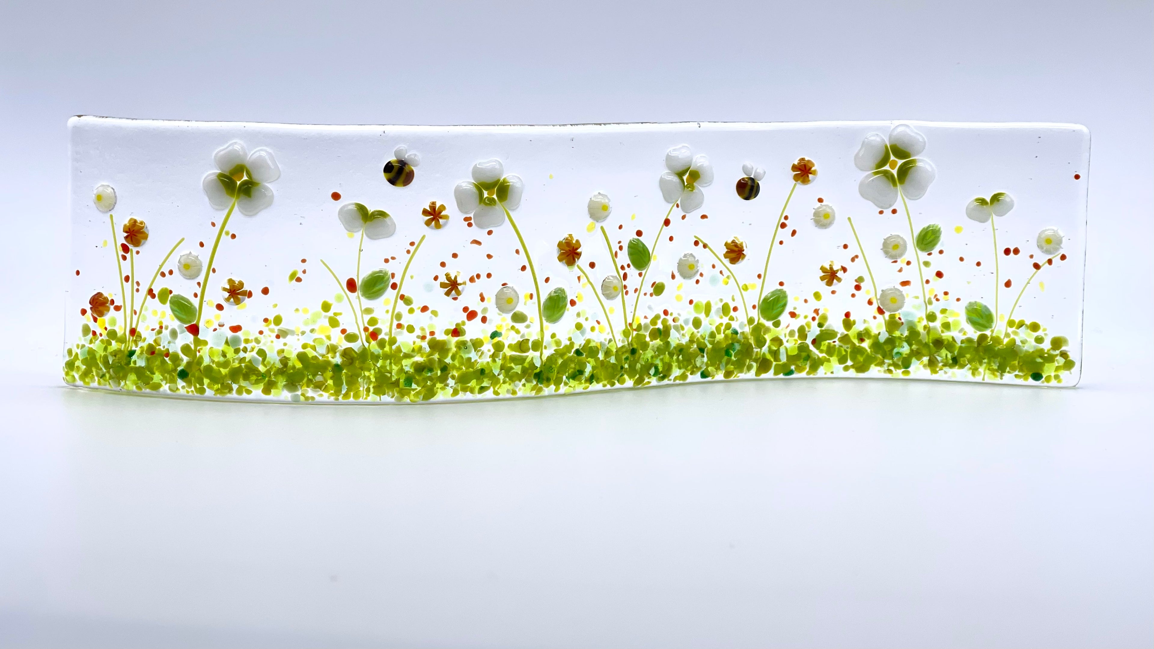Narrow Glass Screen - Fused Glass Wave - White Daisy with Orange Flowers