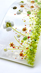 Narrow Glass Screen - Fused Glass Wave - White Daisy with Orange Flowers