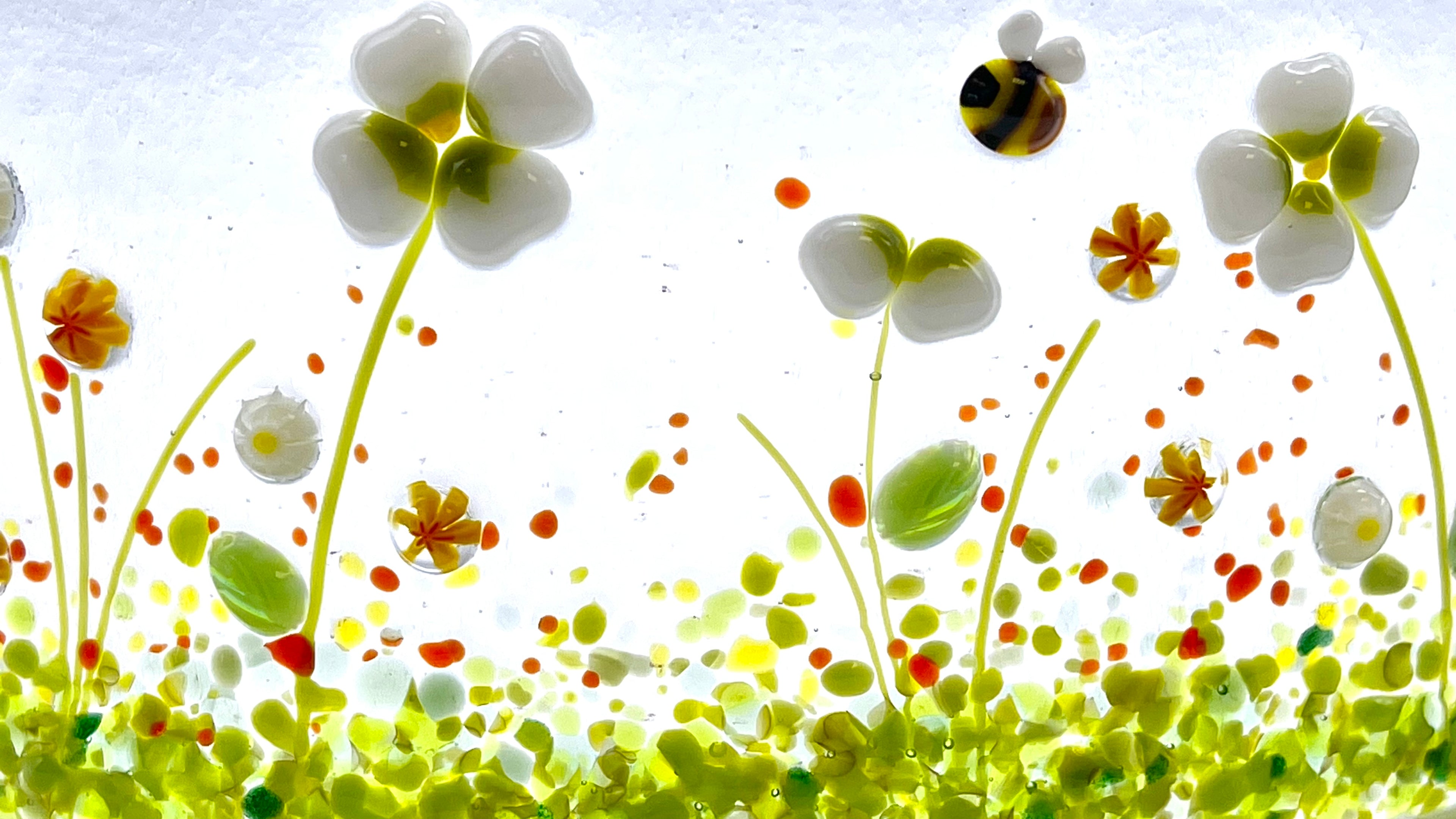 Narrow Glass Screen - Fused Glass Wave - White Daisy with Orange Flowers