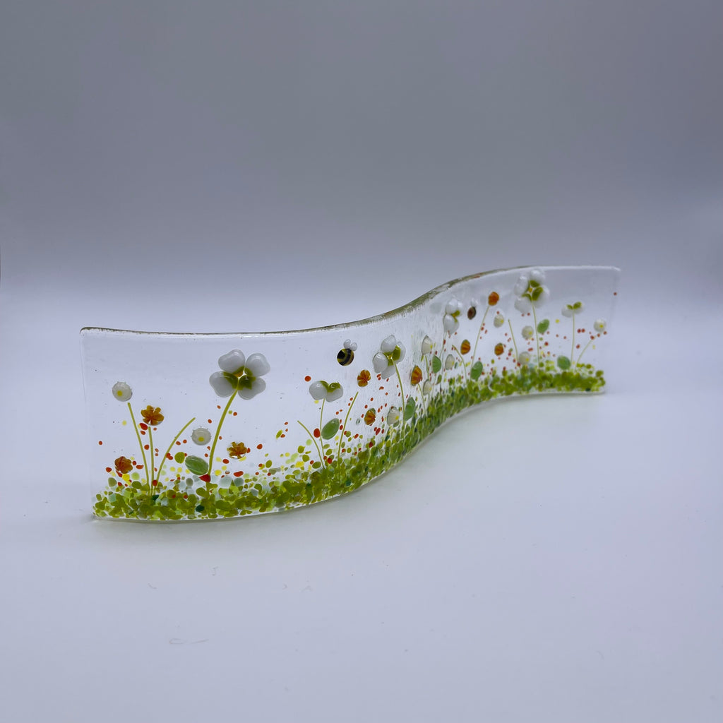 Narrow Glass Screen - Fused Glass Wave - White Daisy with Orange Flowers